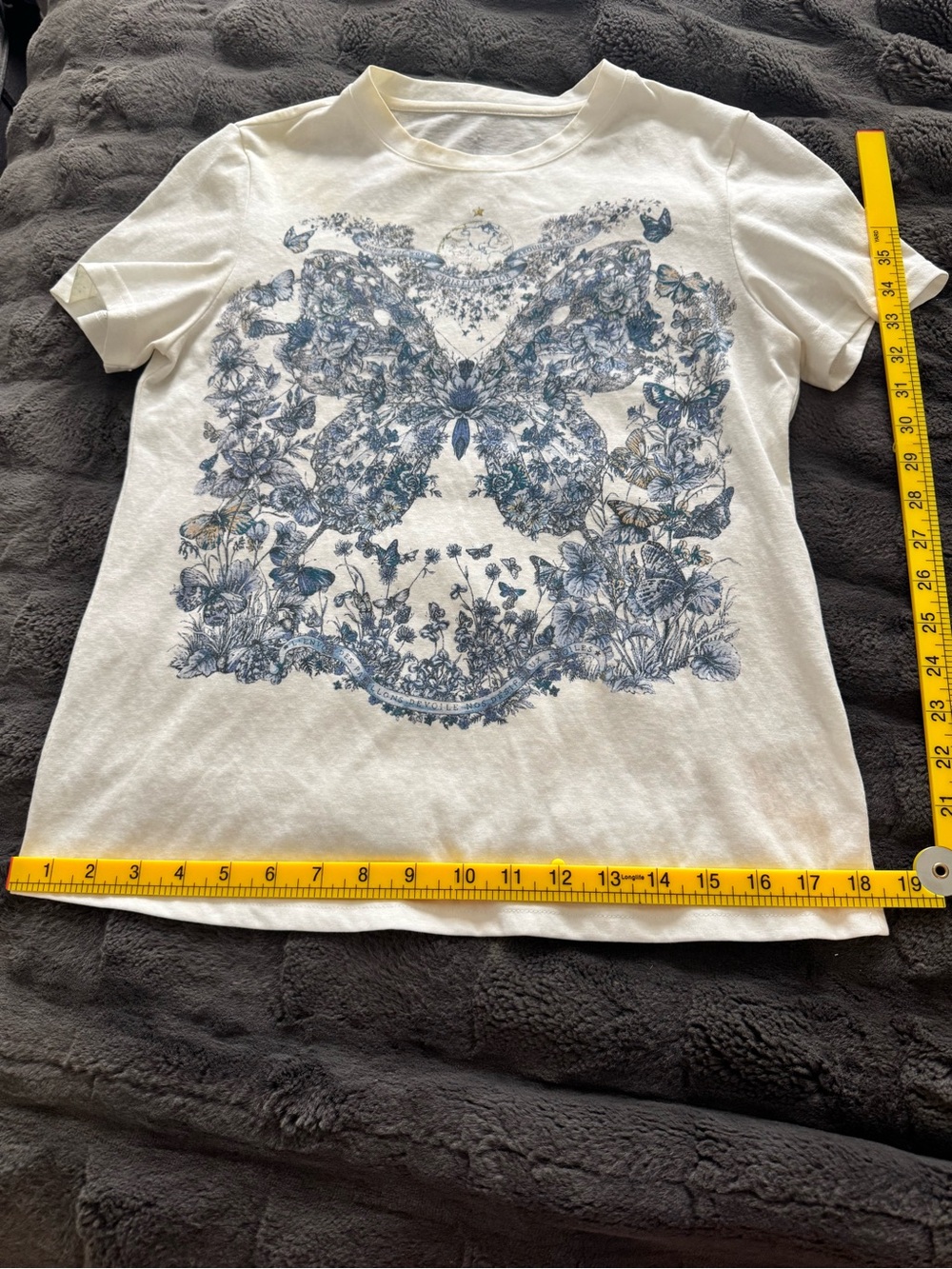 Dior White Tee with Blue Floral Butterfly Graphic